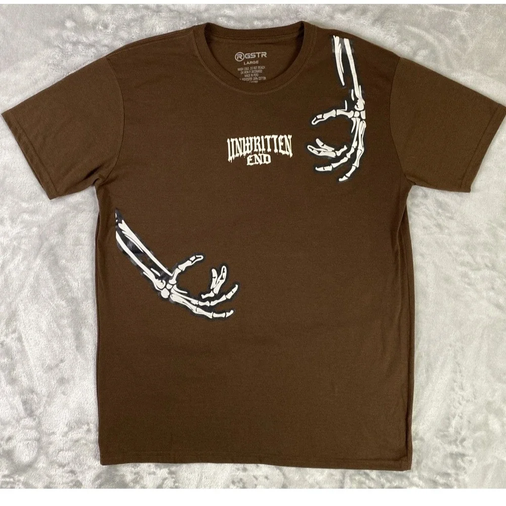 RGSTR‎ T-Shirt Men Large Brown Unwritten End Skeleton Graphic Streetwear Tee